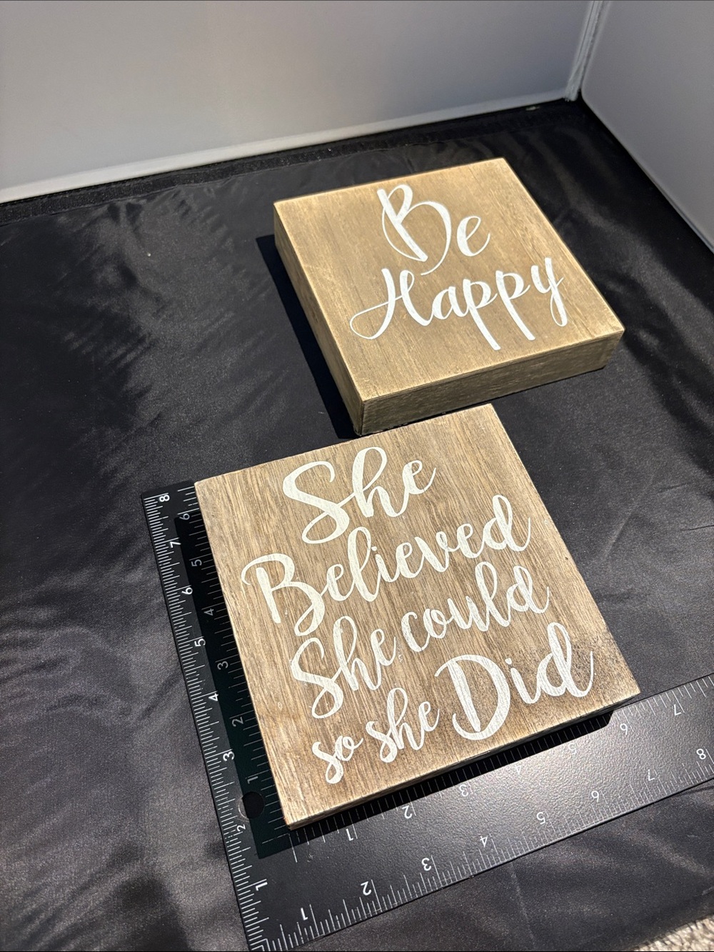 Set of 2 Hobby Lobby Rustic Wood Inspirational Wall Signs - White on Brown 6 x 6